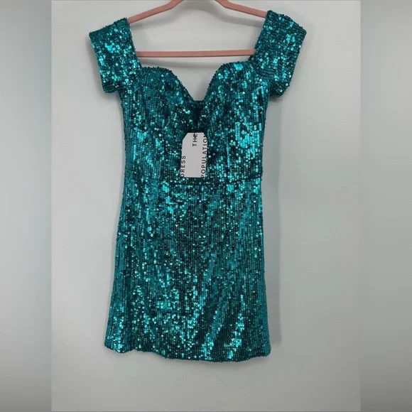 Dress The Population Black Label Sequin Off-The-Shoulder Mini Dress Sz M NWT Mini